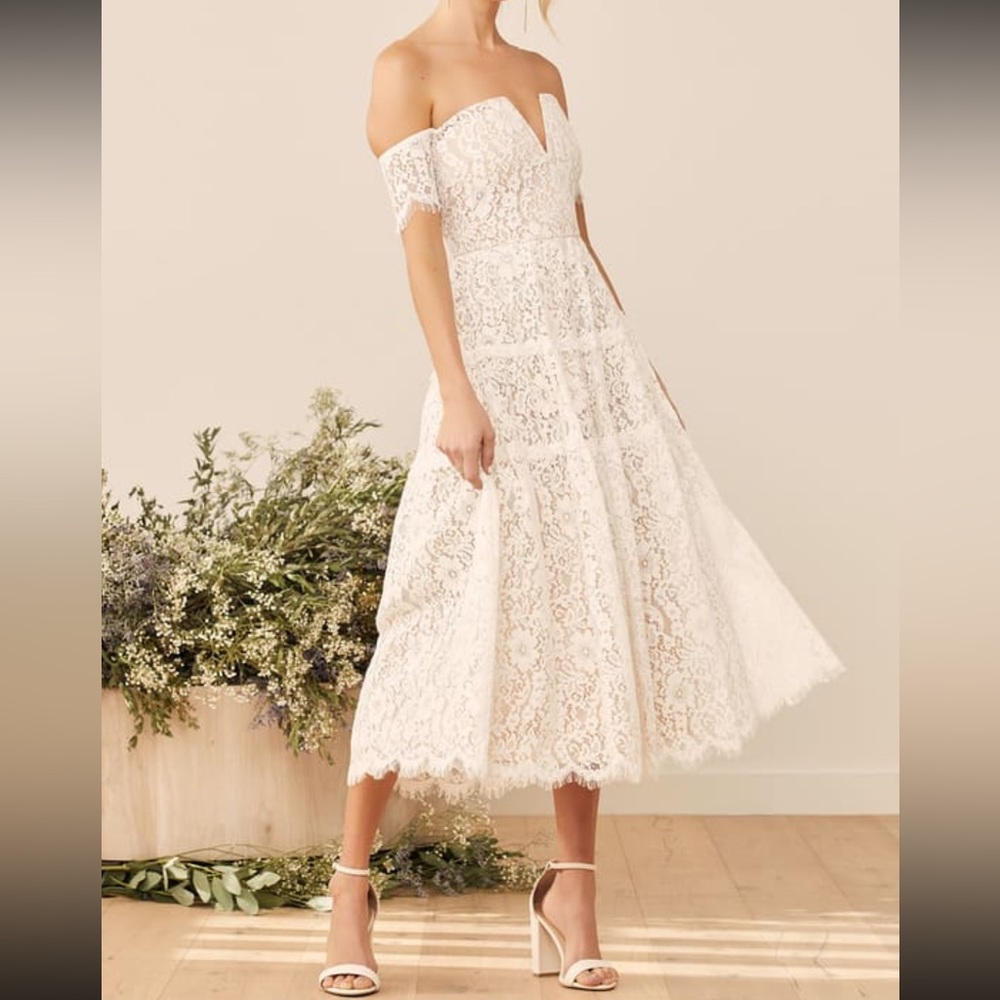 Lulus Absolutely Stunning White Lace Off-the-Shoulder Midi Dress Size Medium
